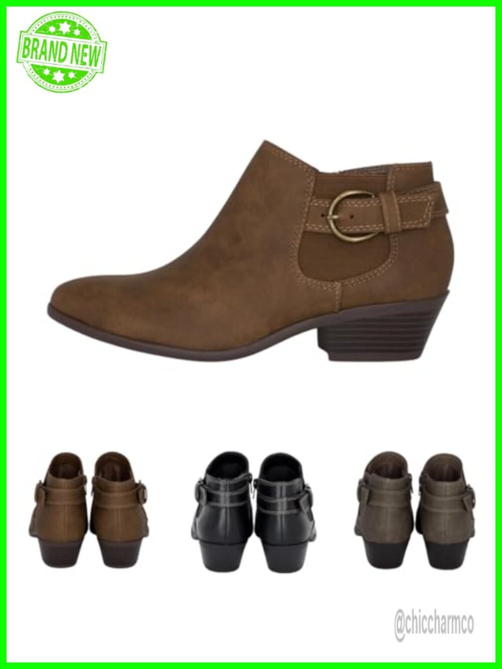 Faux Leather Western Chelsea Ankle Boots Adjustable Buckle Stacked Heel Booties